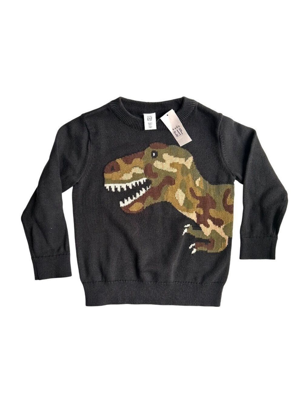 NWT GAP Camo Dino T-Rex 3 Yrs 100% Cotton Knit Crew Neck Sweater